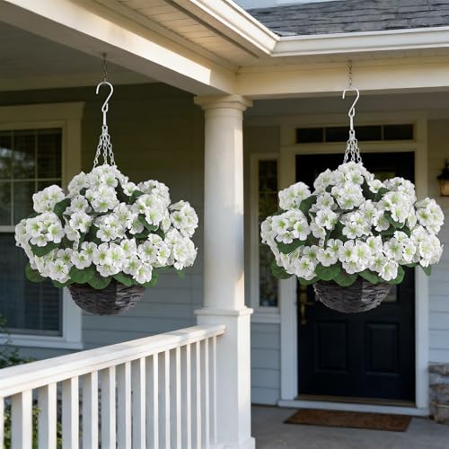 GLIDLION 2 Set Artificial Geraniums Flowers with Hanging Baskets for Outdoors - Sun Resistant Silk with Geranium Flowers, Fake Hanging Planters for Front Porch Garden Patio Home Decor (White) - color: White