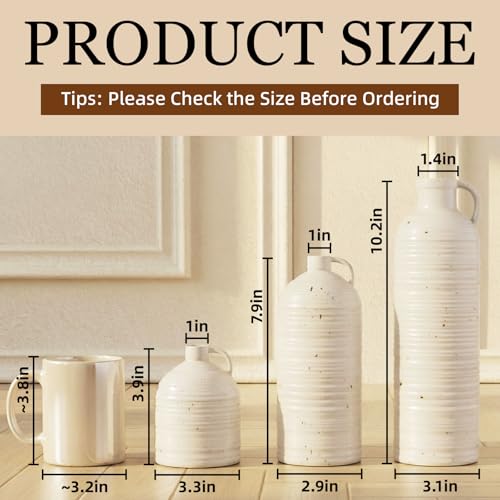 Firehold Ceramic Vase Set of 3, Rustic Farmhouse Boho Vases, Textured Country Home Decor, Small Decorative Vases for Shelves Mantel Table, Gift Set for Dried Pampas Grass & Fresh Flowers (White) - color: 01-white