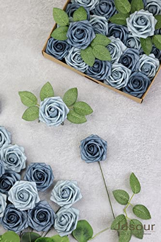 50pcs Artificial Flower，Real Touch Foam Roses w/Stem DIY for Wedding Bouquet Centerpieces Party Shower Home Decor-Dusty Blue Shades - color: Dusty Blue Shades