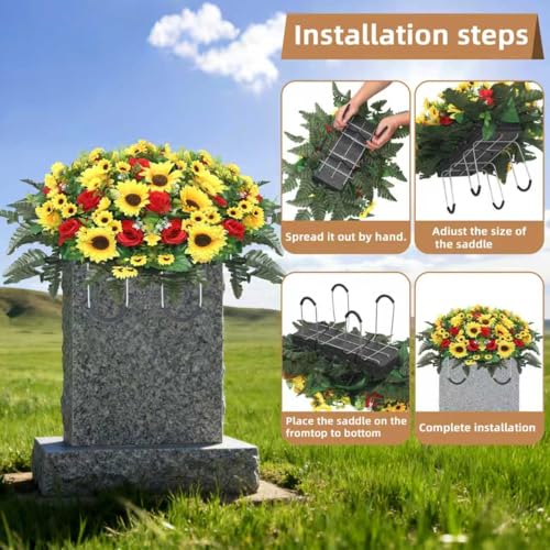 Artificial Cemetery Flowers for Grave,Headstone Flower Saddle Silk Sunflowers Grave Flowers for Cemetery Memorial for Outdoor Gravesite Decoration (Red) - color: Red