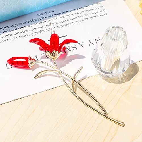 YWHL Crystal Lily Flower Figurine with Vase, Handmade Red Lily Flower Gifts for Woman, Wedding Gifts for Couple, Home Party Decorations - color: Red