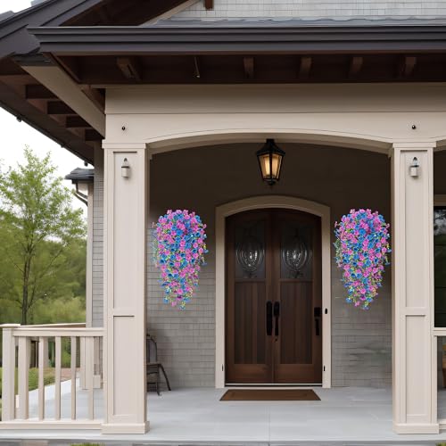 Artificial Flowers for Outdoors Home Decor, 2 Packs Faux Daisy Silk Flower Realistic Fake Plants for Front Porch Courtyard Outside Hanging Floral Spring Summer Fake Planter Decoration (Purple Blue) - color: Dpurple Blue