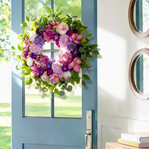 Summer Wreaths for Front Door 24 Inch Spring Summer Wreath with Blush Pink Roses & Purple Blooms and Hydrangeas,Luxury Summer Door Wreath for Porch,Home,Wall,Window Decor(Indoor Outdoor Use) - color: Hydrangeas