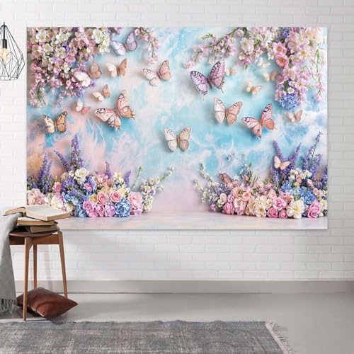 Purple Butterfly Floral Backdrop Elegant Flowers Photography Background for Girls Princess Butterfly Theme Birthday Baby Shower Events Party Decor Table Cake Photo Backdrops Photo Booth Prop - color: Purple, size: 5X3FT