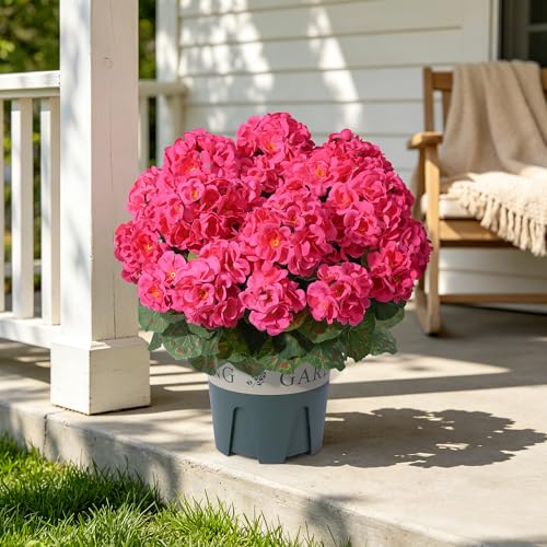 Geraniums Artificial Flowers for Outdoors, 2 Pack Potted Plants Fake Geranium Bush Realistic Fake Flowers UV Resistant Faux Flowers for Outdoor Planters Outside Gardens Front Door Yard Indoor, HotPink - color: Hotpink