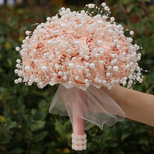 Peach Pink Bridal Wedding Bouquet Handmade with Luxury Pearl Lace Ribbon Satin Rose Flower Bouquet for Bride Bridesmaid Quinceanera Bouquet Wedding Peach Pink 9.8in - color: Peach Pink, size: Extra-large (DIA. 9.8"/25cm)