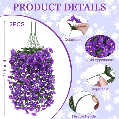 Artificial Bougainvillea Flowers Plants for Outdoors Decoration, 2 Pcs Faux Silk Flowers Long Trailing Fake Vines for Front Door Porch Planter Balcony Patio Summer Spring Home Decor, Purple - color: Purple