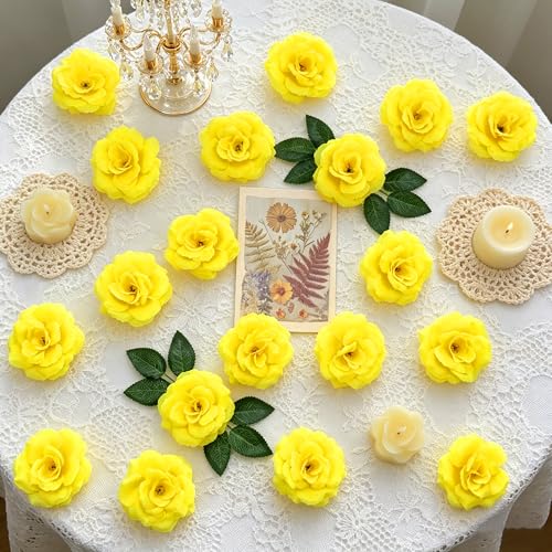 50 Pcs Rose Flower Head, Artificial Flowers Bulk for DIY Crafts, 3in Fake Rose Silk Flower Head wit Stem, Faux Flowers for Decoration, Wedding Home Party Decor Garland Decor (50, Yellow) - color: Yellow