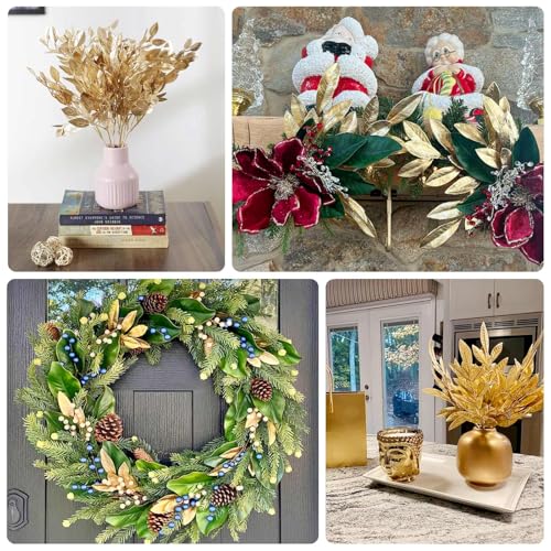 Efavormart 4 Pack 14 inch Metallic Gold Artificial Italian Ruscus Leaves Branches, Faux Spray Plant Stem Vase Fillers for Textured Floral Design - color: Type20