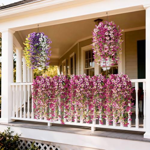 Fake Artificial Flowers for Outdoors, 4 Pcs Faux Hanging Pansy Flowers Spring Summer Decor, UV Resistant Fake Plants Silk Flower for Planter Front Door Porch Patio Yard Garden(Gradient Double Pink) - color: Gradient Double Pink
