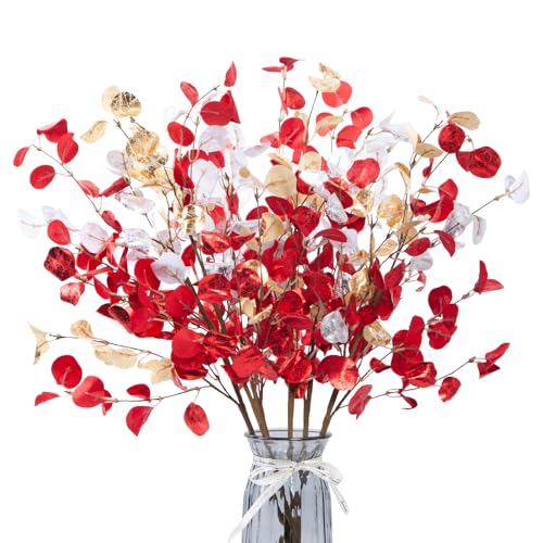 6pcs Eucalyptus Stems Fake Red Gold Silvery Christmas Decorations Leaves Artificial Silk Flowers Bouquet Faux Branches Centerpiece Flores Plants for Home Party Decor Wedding Decoration - color: 6pcs-christmas