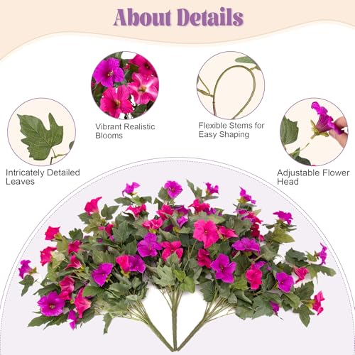 Artificial Petunia Flowers with Hanging Basket for Outdoors, 3 Pcs Fake Hanging Flowers UV Resistant Faux Silk Plants for Garden Porch Yard Patio Realistic Home Spring Decor(Purple Fuchsia) - color: F-fuchsia Basket