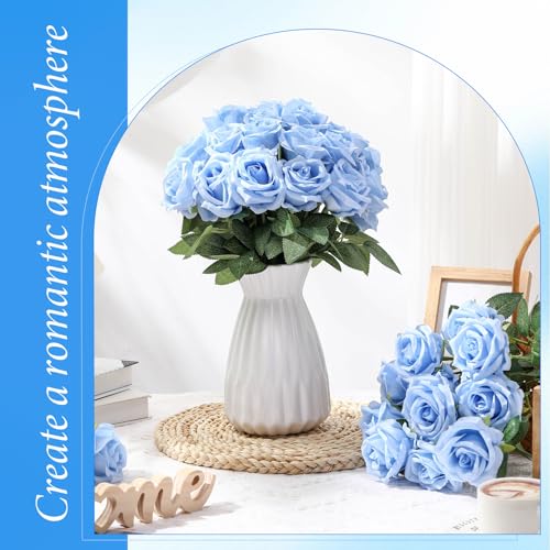 Hotop 40 Pcs Rose Artificial Flowers Bulk with Long Stem,Realistic Silk Fake Roses Bouquet for Home Wedding Centerpieces Party Table Decoration Valentines Gifts(Light Blue) - color: Light Blue