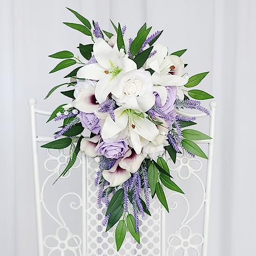 Emivery Bridal Bouquets for Wedding, Artificial Lavender Calla Lily Cascading Wedding Bouquet Real Touch Flowers for Wedding Ceremony Bridal Shower Home Decor
