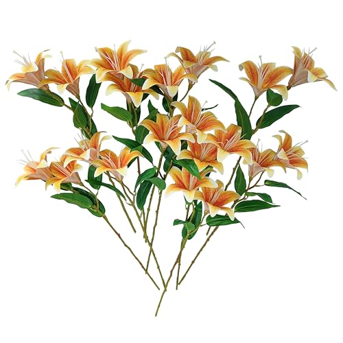 Artificial Lilies Flowers,10Pcs Faux Lily Flower,20''Tiger Lily Branch with 2 Full Blooms , Faux Fake Lilies Plants for Wedding Bouquet Home Party Indoor Floral Arrangements (10, deep orange) - color: Deep Orange