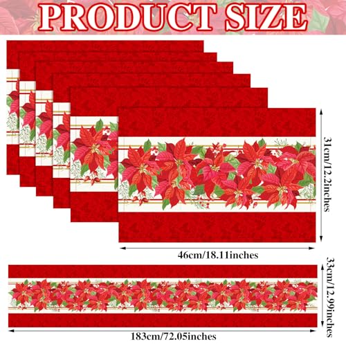 VitalCozy 7 Pcs Poinsettia Placemats Set of 6 Christmas Table Runner and Placemats 72 Inches Christmas Table Runner and Placemat Set Poinsettia Decorations for Home and Kitchen Holiday Indoor Dining - style: Poinsettia