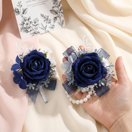 Grevosea 2 Pcs Blue Rose Corsage and Boutonniere Set, Artificial Wrist Double Pearl Corsage Wristlet Bracelets, Men Boutonniere for Wedding Party Formal Dinner Flowers Accessories Prom Suit Decor - color: Blue