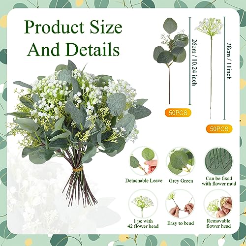 Hotop 100 Pcs Mixed Eucalyptus Leaves Stems Bulk Artificial Silver Dollar Greenery for Bouquet Faux Plant Branches for Wedding Bridal Bouquets Vase Floral Arrangement Home Decor