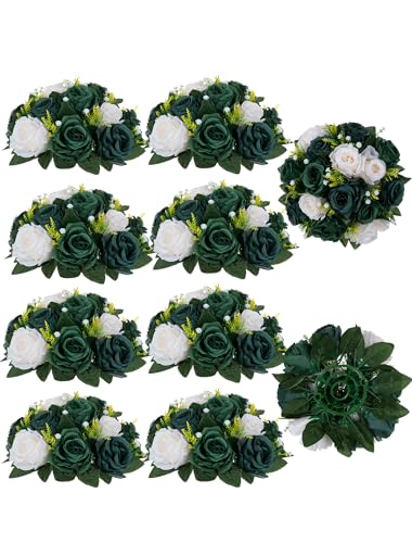 BLOSMON Green Flowers Artificial for Weddings: 10 Pcs Fake Rose Flower Balls for St Patricks Day Table Decorations - Fake Silk Kissing Bouquet Floral Arrangement for Home Party Event Decoration - color: Hunt Green & Forest Green & Ivory