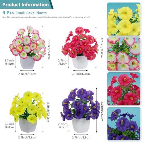 LOYWREE 4 Pack Small Colorful Artificial Flowers in White Pots, Fake Mini Potted Plants, Spring Floral Decor for Home Bathroom Shelves Office Desk Table Centerpiece Indoor Decoration - color: Morning Glory-white Pot, size: White Pot