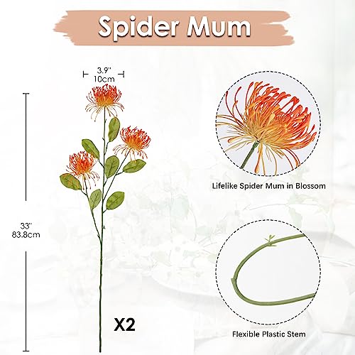 Hollyone 33" Orange Artificial Mums for Outdoors Fall Flowers Fake Fall Mums Faux Chrysanthemum 2Pcs Faux Spider Mum Flower Arrangement with 3 Heads Long Stem Centerpiece Bouquet Decorations for Home - color: Orange