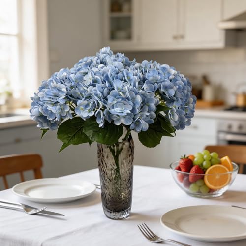 3Pcs 21in Hydrangea Artificial Flowers, Latex Real Touch Hydrangeas Bouquets, Lifelike Large Fake Artificial Flowers for Home Office Wedding Party Arrangements Decor (Blue) - color: Blue