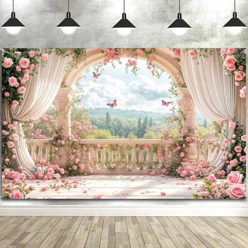 6X4ft Pink Floral Photography Backdrop, Retro Flowers Photography Backdrop Dreamlike Wedding Portrait Photo Background Wedding Birthday Party Background Banner Decor, Pink-1 - color: Pink-1, size: 6x4ft