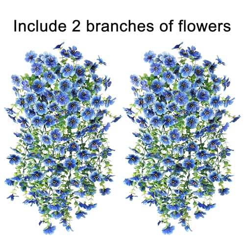 HyeFlora Artificial Flowers for Outdoors Decoration, 2Pcs Blue Fake Hanging Spring Summer Decor, Lifelike Plants, UV & Fading Resistant Flower for Porch Patio Balcony Planter Yard Home Garland - color: Blue
