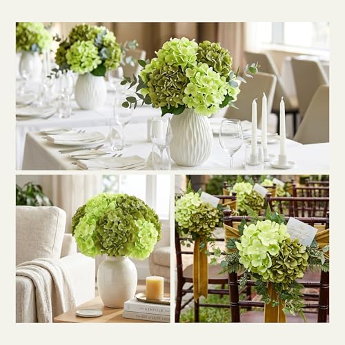 Auihiay 10Pcs Artificial Hydrangea Flowers Bulk, Realistic Faux Silk Hydrangea with Stems, Fake Flowers for Spring Garden Kitchen Counter Office Table Decor Centerpieces(Mixed Green) - color: Green