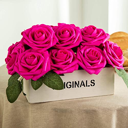 25pcs Artificial Flower Foam Rose Real Touch Roses Flower Heads with Stem for DIY Wedding Bouquets Centerpieces Arrangements Party Baby Shower Home Decor (Hot Pink) - color: Hot Pink