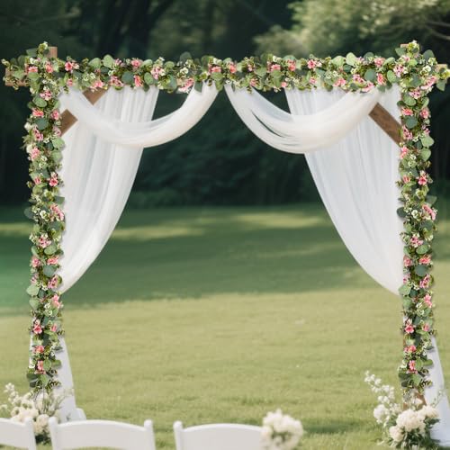 2Pack Eucalyptus Flower Garland with Violet 5.9Ft Artificial Ivy Greenery Hanging Vine Fake Ivy Floral Plants Garland for Wedding Outdoor Garden Party Background Table Runner, Total 11.8Ft, Pink - color: Pink Violet