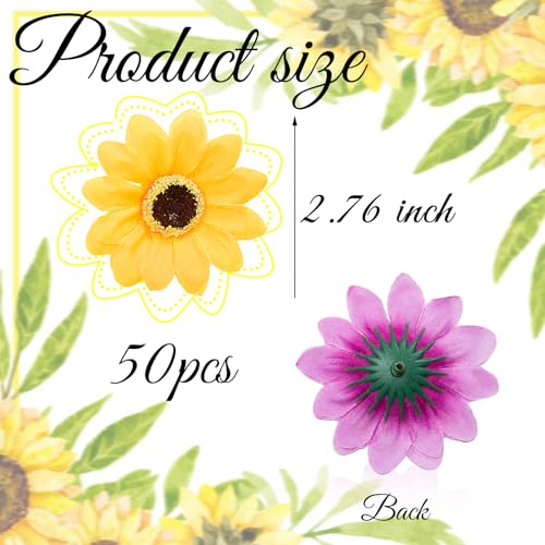 50 Pcs Faux Sunflower Heads for Craft, 2.76 Inch Artificial Sunflower Flower Heads, Yellow Flowers Silk Sunflower Bulk for Home Wedding, Clothing Accessories, Hair Decoration - color: Yellow