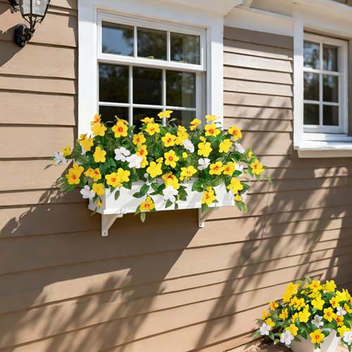 INXUGAO Artificial Hanging Faux Flowers for Outdoors Planters 2PCS Fake Flowers Silk Hibiscus Flowers for Outside Outdoor Faux Hanging Plants UV Resistant Spring Home Front Porch Decoration - color: Mt Azalea H-mix Yellow White