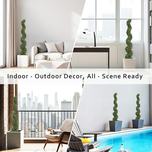 5ft Artificial Spiral Topiary Trees Outdoor Set of 2 – Faux Boxwood Bushes Shrubs, Fake Potted Plants for Front Porch Planter Indoor Outside Decor, UV Resistant 5 Foot - color: Light Green, size: 5ft