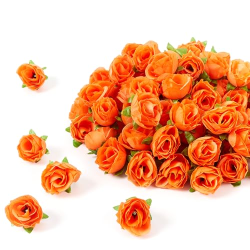 SITUMEIZI 100 Pcs 1.3 inches Mini Orange Roses Head Fall Orange Roses Artificial Flowers for Wedding Decor, Graduation Cap, Cake, DIY Flower Wall Mother's Day Home Party Decor - color: Orange