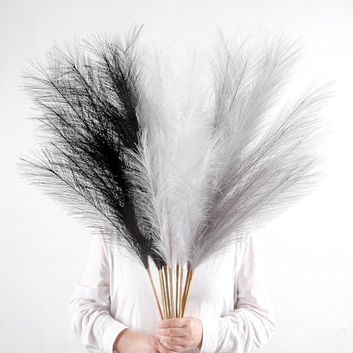 12PCS Faux Pampas Grass 38" Black White Gray for Floor Vase | Artificial Pompous Grass, Large Fake Pompas Branches, Floor Vase Filler, For Flower Arrangement Home Decor - color: Black&white&gray