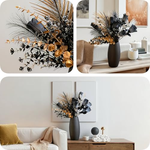Luxurious Black and Gold Artificial Rose Bouquet, 17-Inch Metallic Eucalyptus Leaves and Faux Silk Flowers, Suitable for DIY Home Decoration, Modern Gothic Dining Table Centerpiece(Vase Not Included) - color: Gothic Black Gold - 2