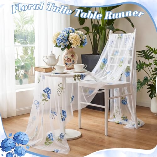 Mindsoft 3 Pcs Hydrangea Floral Table Runner 10ft Gauze Embroidery Blue Hydrangea Decor Flower Spring Summer Tulle Lace Table Runner for Wedding Bridal Baby Shower Holiday Dining Decor DIY - style: Hydrangea