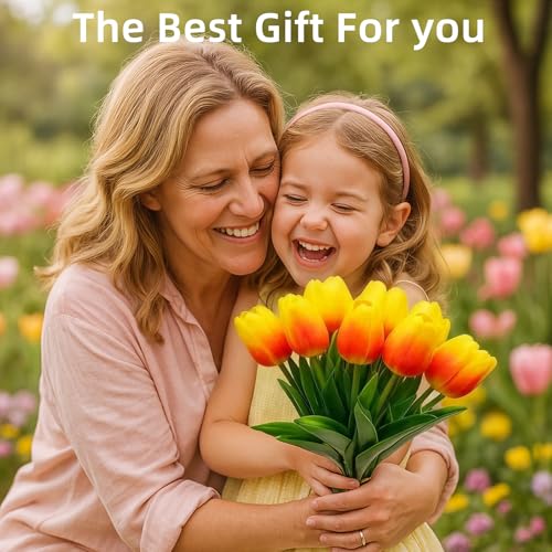 20 Pcs Tulips Artificial Flowers, 13.5'' Real Touch PU Fake Flowers Bouquet for Home Party, Spring Wedding Floral Arrangement, Valentine's, Easter and Mother's Day Decor (Sunset) - color: Sunset