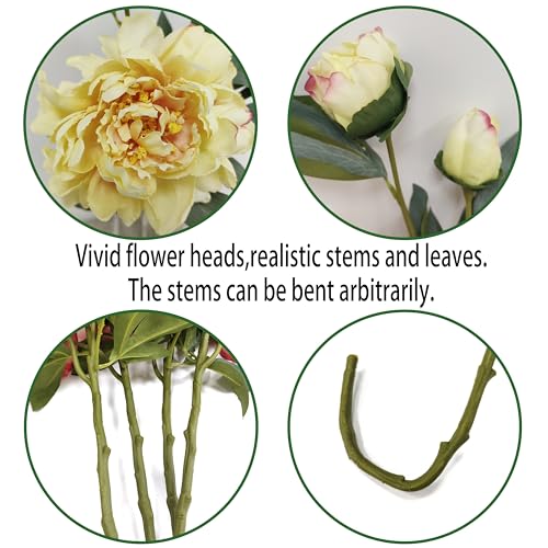 Yellow Peonies Artificial Flowers,4 Pcs Fake Silk Peonies with Stems Real Look,Peony Bush for Home Decor (4, Yellow) - color: Yellow