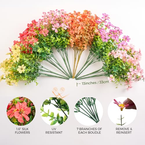 Artificial Flowers for Outdoors Patio Decoration 12 Bundles Fake Flower Cherry Blossom UV Resistant Faux Plants Yard Garden Porch Home Boxwood Patio Decor, Mix Pink Purple Yellow Orange Red Flower - color: B 6 Mix Colors Cherry Blossom 12pcs