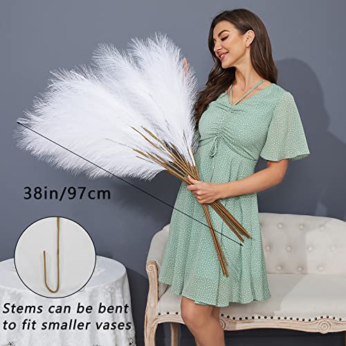 FOTEEWL 8 PCS Faux Pampas Grass Decor 38"/3.1FT Tall Fake Pompas Floral Large Artificial Pompous Grass Branches Plants for Floor Vase Filler Home Boho Decor (White) - color: White