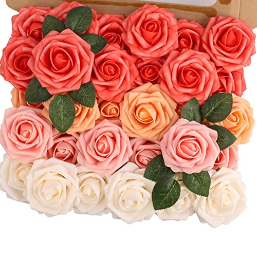 MACTING 30PCS Artificial Rose Flowers Real Touch Fake Flowers with Stem Foam Roses for DIY Wedding Bouquet Table Centerpieces Party Baby Shower Home Party Summer Mothers Day Decor,Mix Coral Series - color: Mix Coral, size: 30PCS