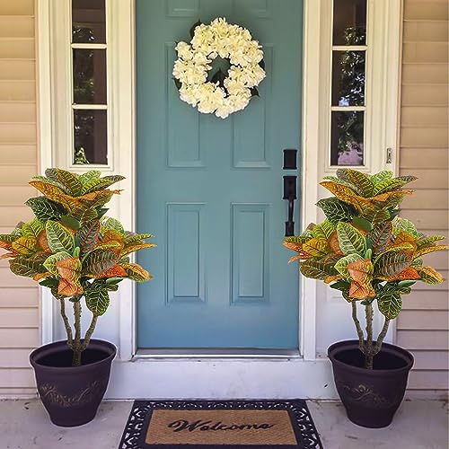2PCS Artificial Croton Plant, Faux Fiddle Leaf fig Tree,Artificial Trees for Home Decor,Floor Plant,Front Porch Plants with Plastic Pot, Faux Ficus Lyrata Tree,35inch - size: 35inch