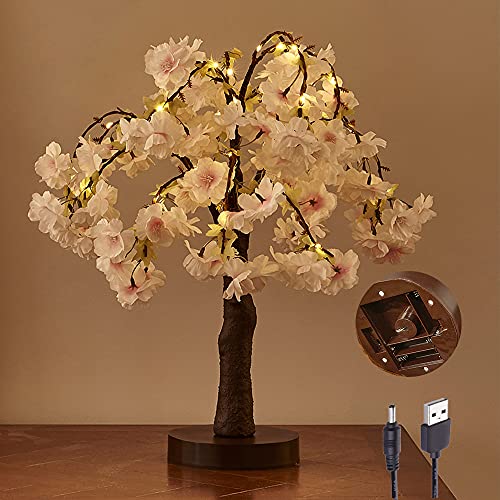 Hairui Lighted Cherry Blossom Tree Battery Operated 18IN 40 Warm White LED Artifical Bonsai Tree with Timer USB Plug for Wedding Party Spring Christmas Home Decoration - color: 40l-pink