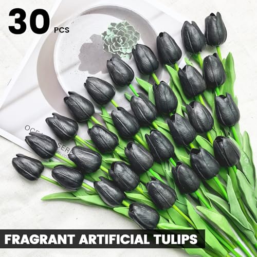 30 PCS Artificial Tulips Real Touch Tulips 13.5inch Long Stem Fake Flowers Silk Flowers for Spring Easter Mother's Day Decorations（Black） - color: Black