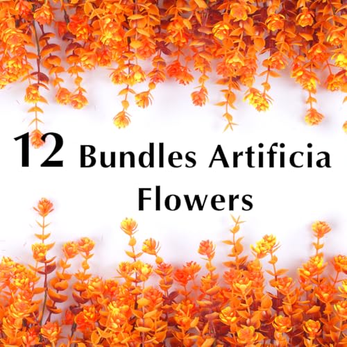 Artificial Mums for Outdoors, 12 Bundles Faux Mums for Fall Planters,Uv Resistant Eucalyptus Artificial Fake Flowers Plants, Realistic Fall Decor for Porch, Patio, Yard (Fall Stems) - color: Yellowleaf