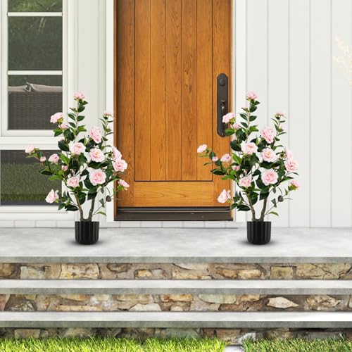 Goplus 38’’ Artificial Camellia Tree, Flower Plants Artificial Tree, Faux Floral Plant Blooming Tree in Cement Pot, Greenery Potted Plant for Indoor Outdoor Office Home Porch Decor - color: Pink, size: 38 inch
