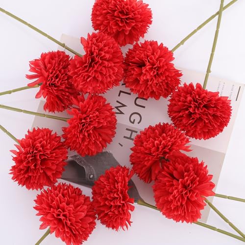 Rowfad 12 Pcs Artificial Chrysanthemums Flowers Silk Red Ball Flowers Fake Mums Flowers for Christmas Wedding Floral Table Centerpiece Home Decor (12, Red) - color: Red