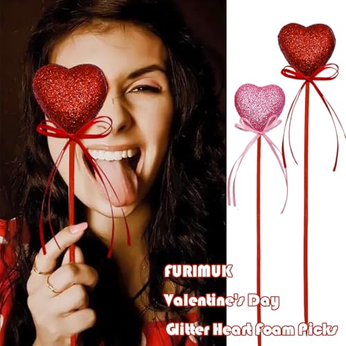 Valentine's Day Glitter Heart Foam Picks Puffy Sparkly Heart on Sticks Valentines Day Floral Picks for Table Centerpiece Decoration Vase Wedding Crafts Stems Arrangement (4, Pink Red)